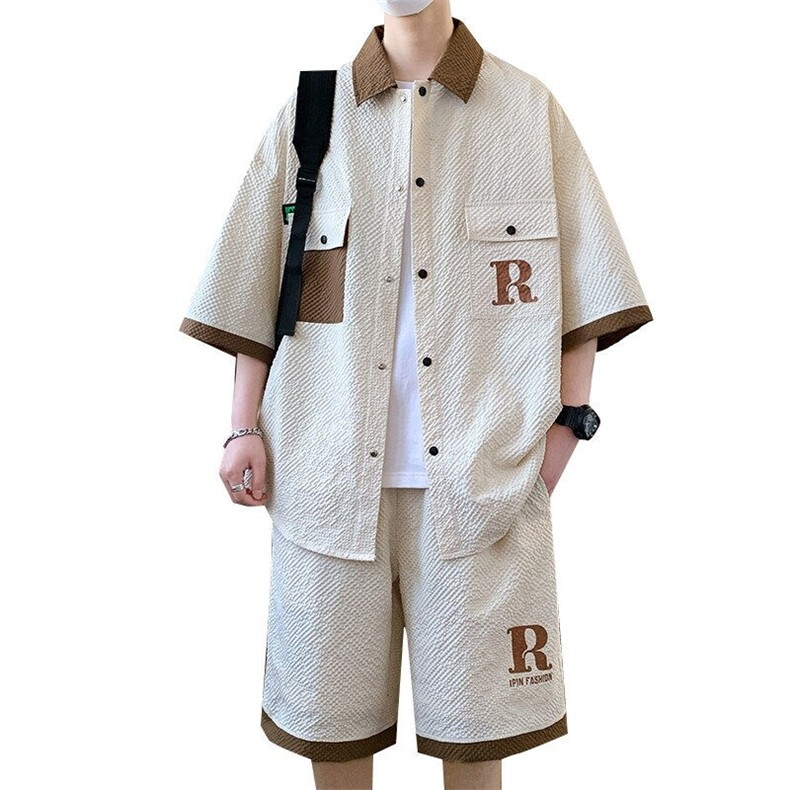 TZ24310-特P55男士五分袖衬衫夏季青少年宽松短袖短裤运动套装,男装衬衫,电商D310B