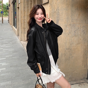 美拉德咖色短款皮衣外套女春秋2025新款高级感复古宽松休闲小夹克图片