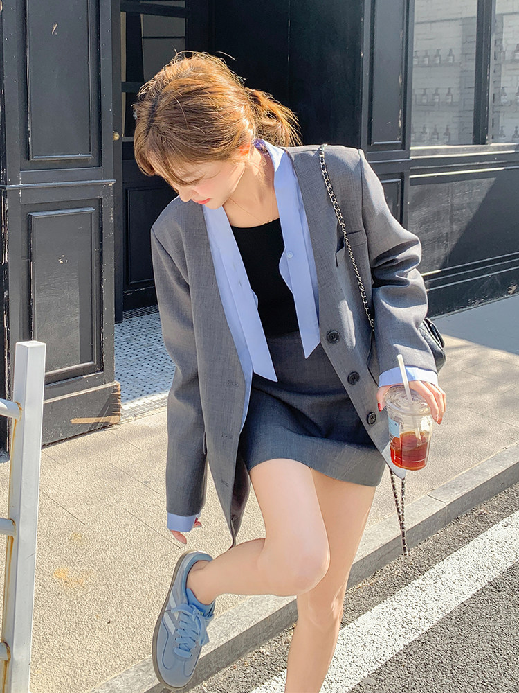 设计感撞色西装套装裙女春秋2025新款韩系小个子面试西服职业装,女装套装/套裙,韩蜜菓