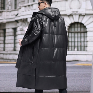 牛皮鹅绒羽绒服男新款连帽加长款过膝百搭秋冬潮帅气外套男图片