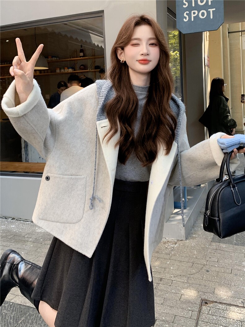 现货新款秋冬新款针织连帽拼接长袖羊绒外套女短款双面羊绒大衣潮,女装毛呢外套,韩然一族