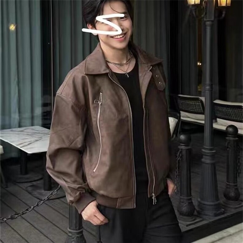 复古做旧PU皮衣夹克美式潮牌痞帅机车服外套休闲上衣Y1029P72网图图片
