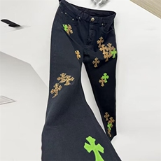 潮流欧货潮牌克罗经典彩色十字架拼皮牛仔裤男女同款时尚裤NZ7075，男装皮裤，星座516A