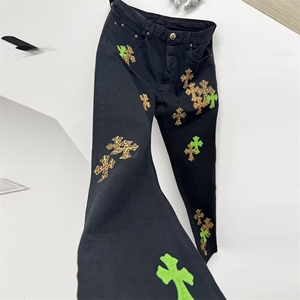潮流欧货潮牌克罗经典彩色十字架拼皮牛仔裤男女同款时尚裤NZ7075图片