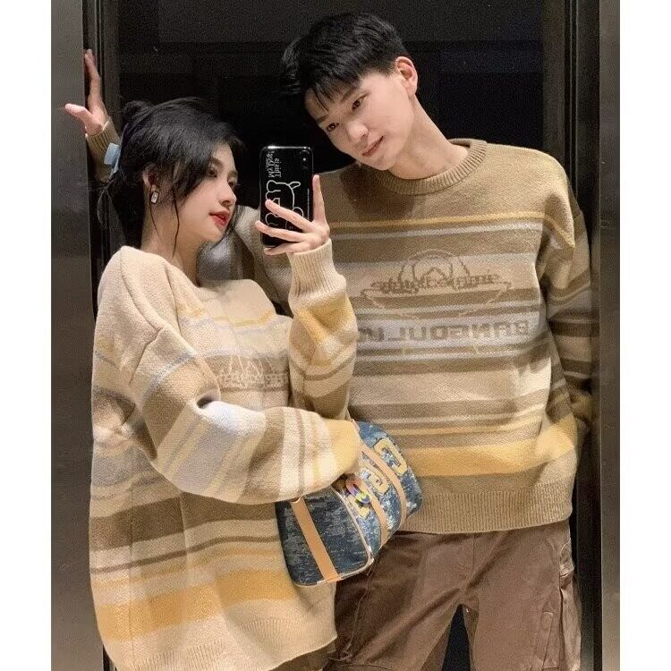 806-P45港风复古潮牌条纹毛衣男秋冬宽松休闲慵懒风美式圆领,男装针织衫/毛衣,电商B323A