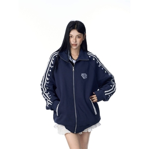 小花刺绣立领卫衣开衫男女新款2025新款宽松bf美式复古学院风外套图片