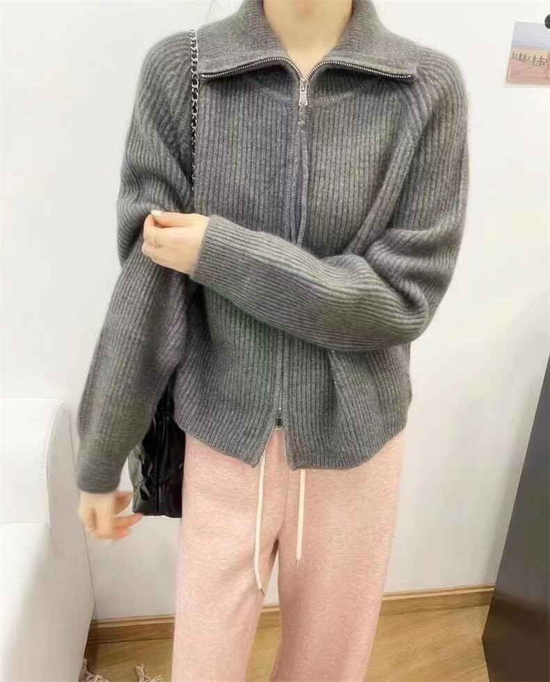 2024秋冬新款韩版宽松显瘦拉链翻领开衫,女装羊毛衫,珍珑羊绒