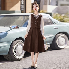 【秋装现货】盘扣新中式2024新款显高显瘦假两件通勤淑女连衣裙，女装连衣裙，慕依路