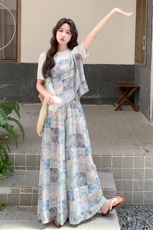 盐系轻熟风休闲套装女夏季2025新款复古设计感T恤印花裤裙两件套，女装套装/套裙，浙宝305