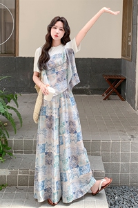 盐系轻熟风休闲套装女夏季2025新款复古设计感T恤印花裤裙两件套图片