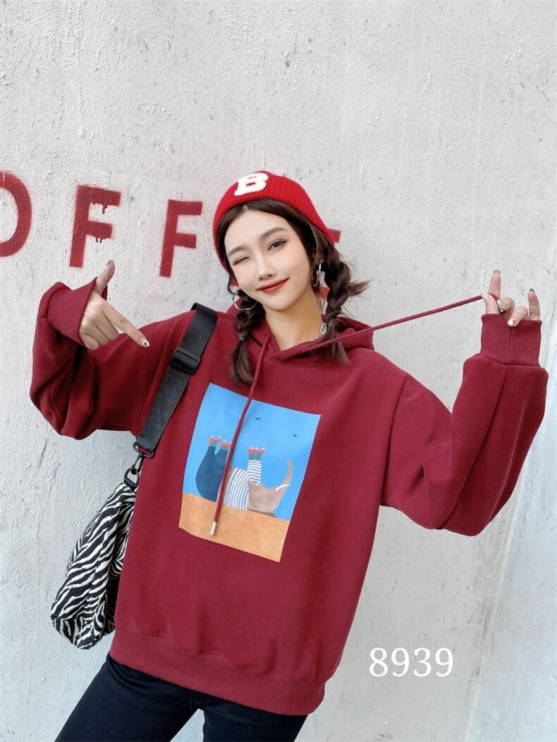 小象图案带帽加绒卫衣,女装卫衣/绒衫,美依菱