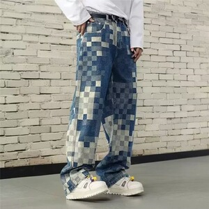 519-P46 原版质量马赛克蓝色格子牛仔裤图片