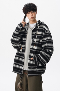 8XL-M 潮情侣美式磨毛编织条纹针织衫卫衣宽松拉链外套WY30P88图片