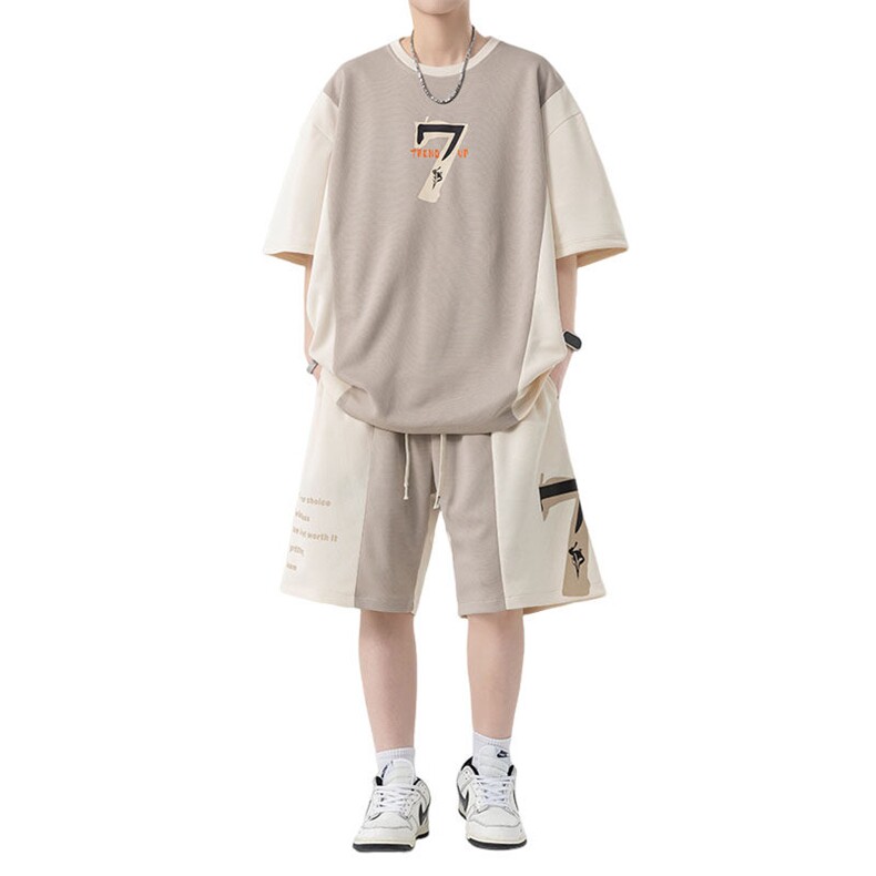 套装男夏季新款港风宽松拼接设计短袖T恤五分裤一套TZ6012特P45,男装T恤,星座301B-2（原A443-1）
