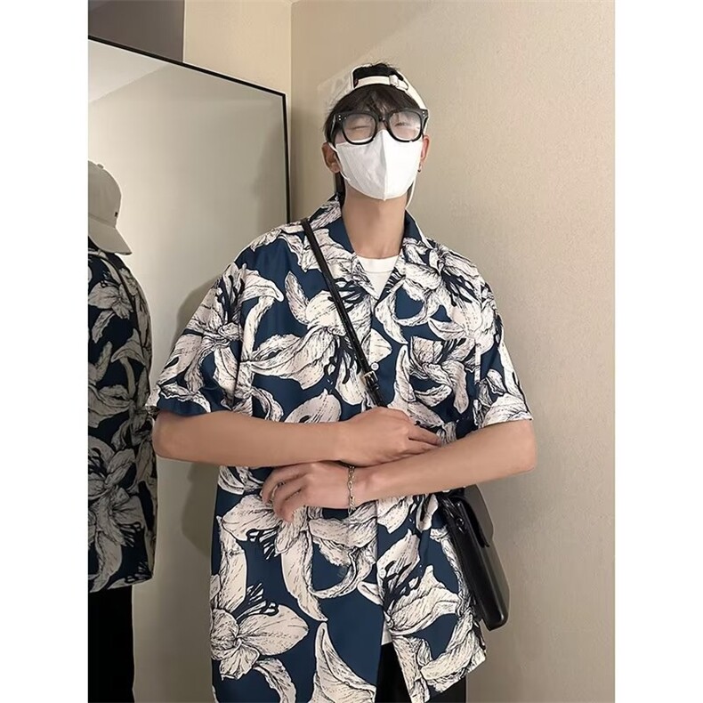 2023港风文艺衬衫男夏季宽松潮流五分袖衬衣复古百搭,男装衬衫,星座716-3