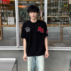万针全刺绣工艺抖音得物高品质260克重磅纯棉双纱美式高街短袖T恤，男装T恤，电商A486-1