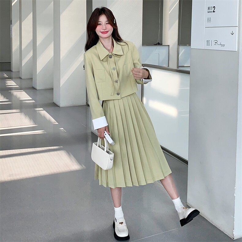 法式高级感小香风套装女春秋季2025新款短款外套百褶半身裙两件套,女装套装/套裙,韩蜜菓