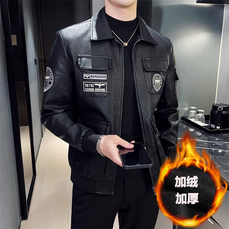 M-5XL修身翻领PU机车皮衣外套夹克男py5616-p118加绒p128，男装皮衣，电商D303