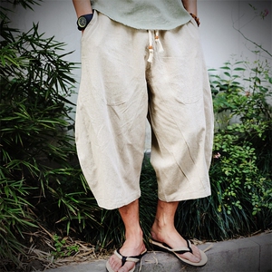 夏风宽松大码棉麻七分裤子男短裤阔腿裤亚麻休闲哈伦裤潮p25图片