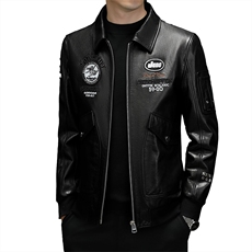秋冬新款海宁皮衣男牛皮外套徽章空军服刺绣皮衣翻领P960，男装皮衣，电商B360