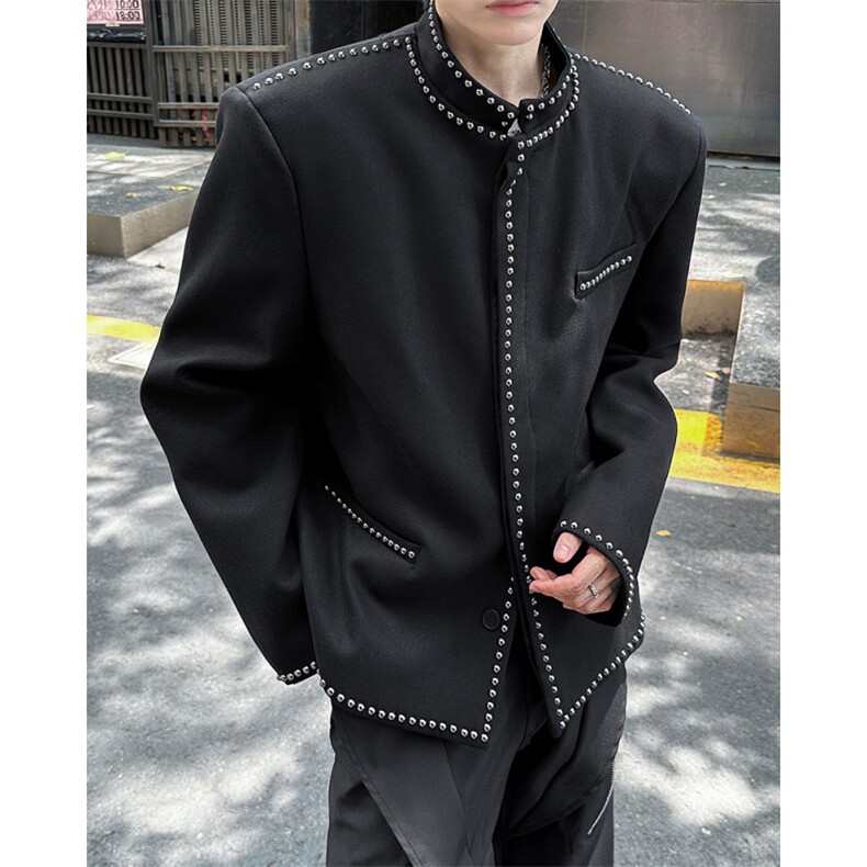 现货！24秋冬巴家王嘉尔短款立领铆钉垫肩中山西服夹克jk41-p178,男装夹克,电商B288