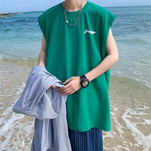 美式重磅无袖T恤男夏季潮牌三本针老头背心oversize篮球短袖汗衫，男装背心/马甲，电商019-1