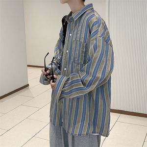 日系复古cityboy宽松条纹ins长袖衬衫男休闲百搭衬衣外套RC91-P40图片