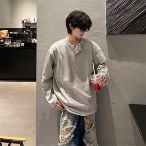 T428-P36 潮流简约亨利领卫衣男高级感长袖t恤半开扣设计感图片