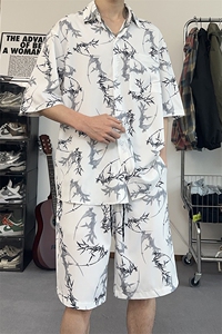 美式沙滩翻领泼墨短袖衬衫男夏季短袖短裤两件套设计感TZ103-P43图片