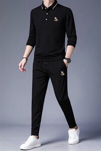 2023春秋季新款休闲翻领套装长袖刺绣T恤中青年男士长裤两件套图片