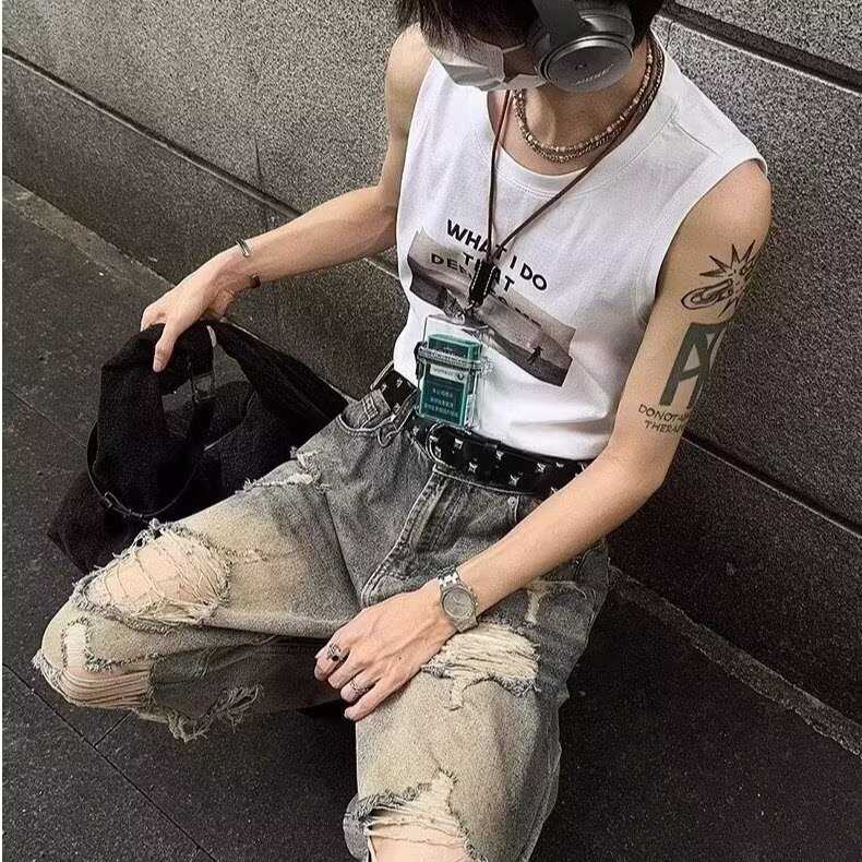 美式高个夏季破洞牛仔裤男泥染做旧高街废土风裤子阔腿拖地乞丐裤,男装牛仔裤,星座506A