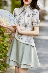 2024年夏季水墨旗袍领拼接短裙假两件复古气质女装休闲连衣裙图片