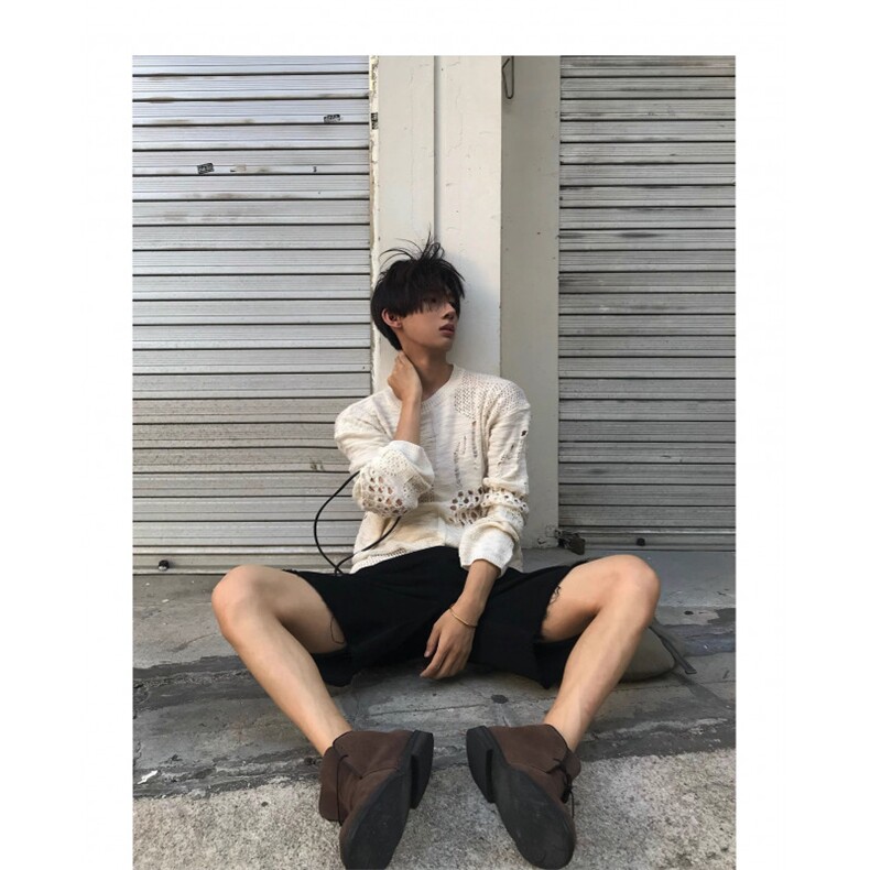 GC0729-P46网图日系破洞不规则毛衣男秋冬季镂空慵懒老钱风针织衫,男装针织衫/毛衣,电商C233