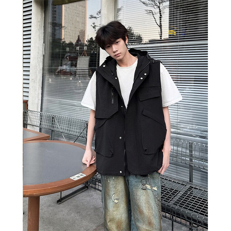 8XL-M四季工装外套街头机能口袋连帽防水无袖马甲坎肩JK1316P78，男装夹克，电商D206-1