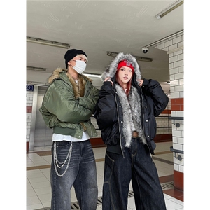 美式高级感连帽毛领cleanfit座山雕外套男冬季夹克棉服潮图片