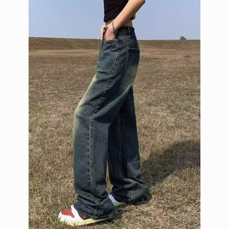 美式高街复古做旧蓝色多口袋设计感牛仔裤男女宽松直筒阔腿裤，女装牛仔裤，星座506A