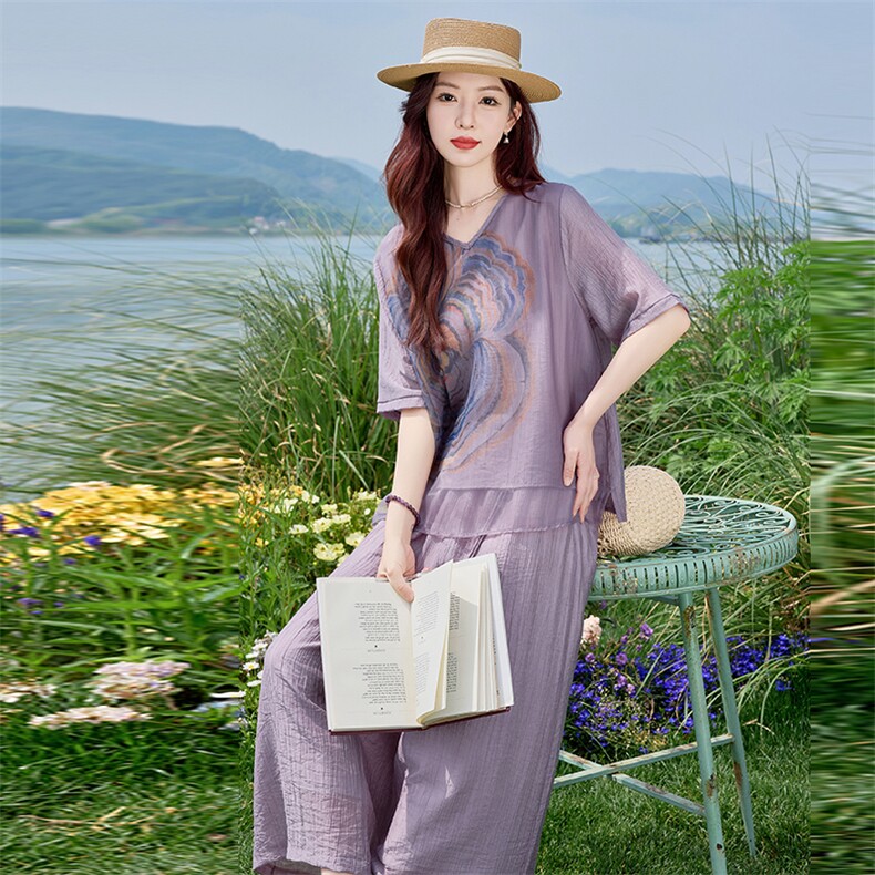 时尚气质印花棉麻套装女夏2025新款洋气减龄妈妈宽松阔腿裤两件套,女装套装/套裙,涵墨