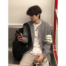 浅灰色条纹针织开衫外套男款秋季慵懒风三条杠毛衣高级感立领夹克，男装针织衫/毛衣，星座1007（原301D）