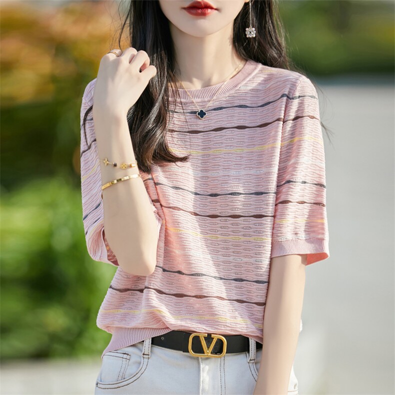 天丝针织条纹正肩短袖T恤女2025夏季大码薄款宽松圆领半袖t恤上衣图片