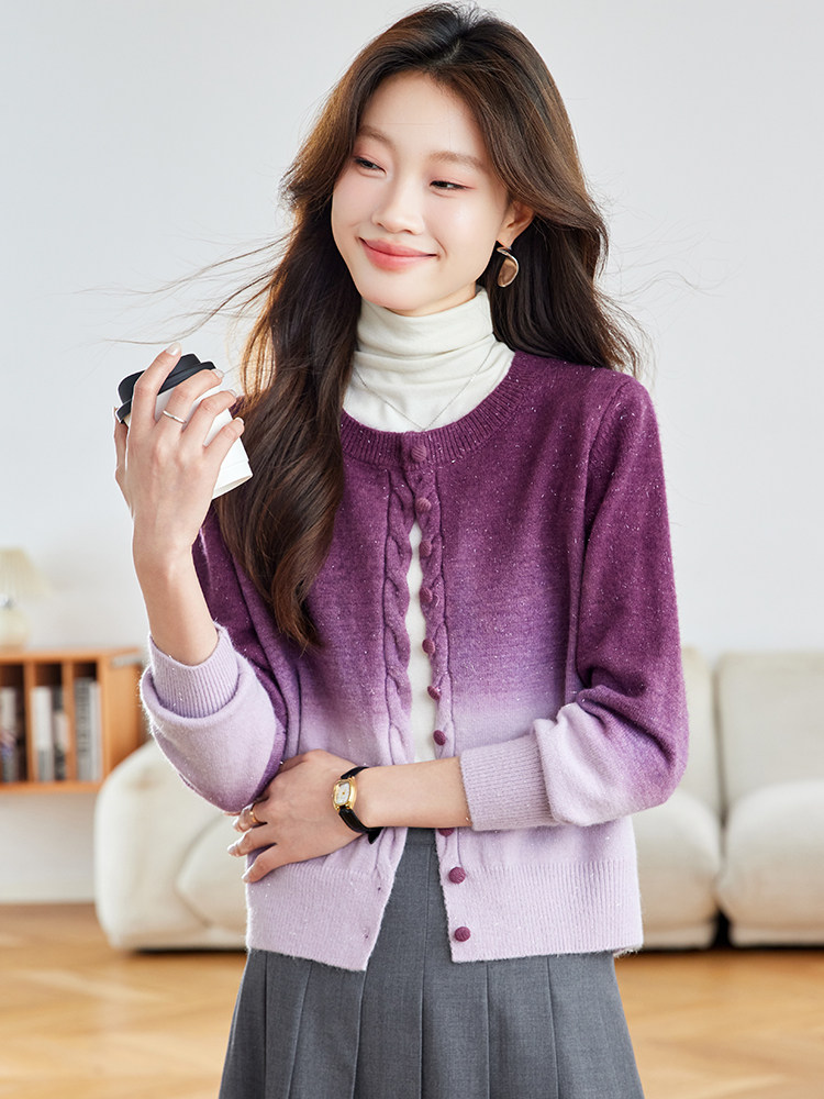 2025早秋新款渐变针织开衫小个子毛衣外套女,女装短外套,时尚风爆