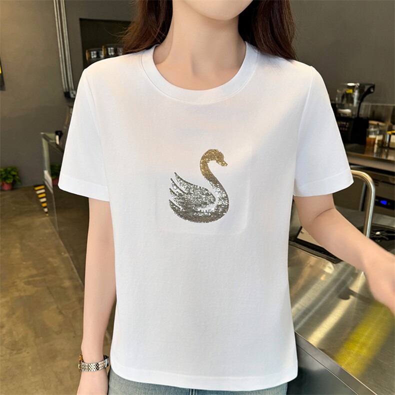 休闲/淑女2025年春季圆领亮片天鹅短袖上衣女，女装T恤，硕诚羊绒
