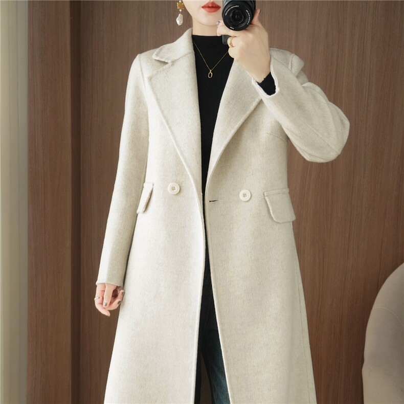 2025秋冬新款双面呢大衣女中长款羊毛呢子外套女过膝风衣女，女装双面呢大衣，贝源羊绒