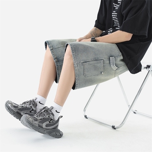 美式高街牛仔短裤男水洗设计感工装潮牌宽松XZ225-3-DK08-P40控58图片