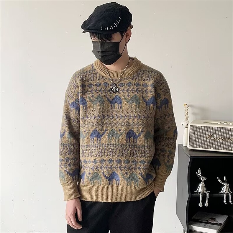 秋冬潮牌宽松毛衣男提花图案日系休闲情侣加厚针织毛衫MY906/P44图片