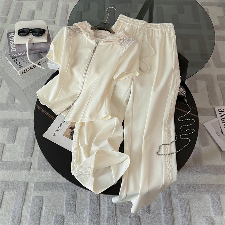 潮牌时尚休闲运动套装女夏新款拉链蕾丝连帽短袖卫衣阔腿裤两件套,女装套装/套裙,江南