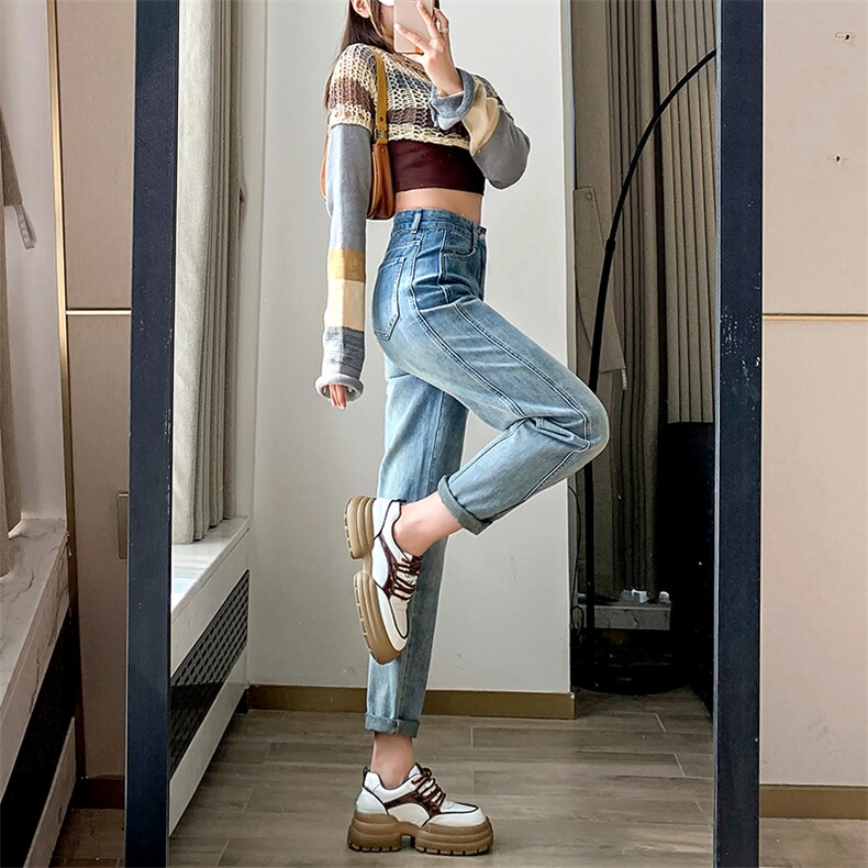 渐变高腰牛仔裤女2023春秋季新款宽松显瘦哈伦萝卜九分老爹裤,女装牛仔裤,梦白服饰厂
