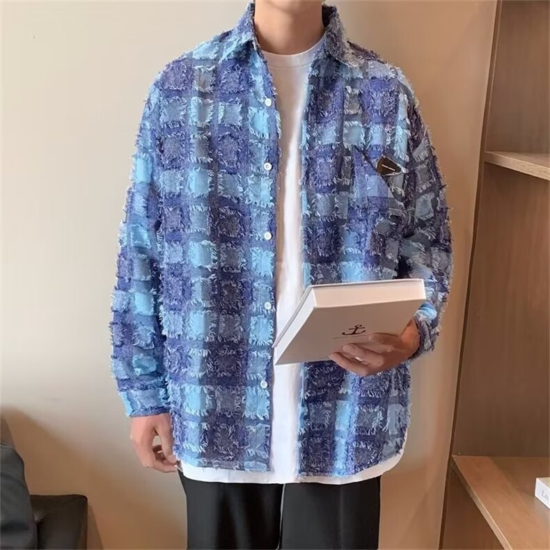 格子长袖衬衫男春秋款高级感潮牌痞帅衬衣外套美式复古设计C639,男装衬衫,星座1116A-1（原606A）