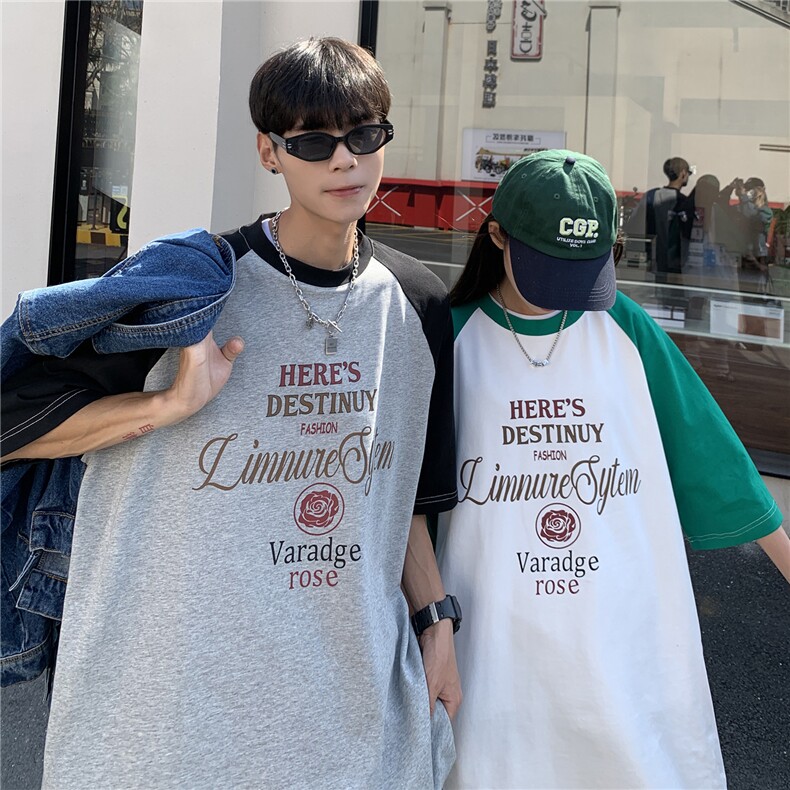 港风夏装拼接插肩袖情侣印花短袖T恤衫宽松上衣男G1053P35,男装T恤,电商A339