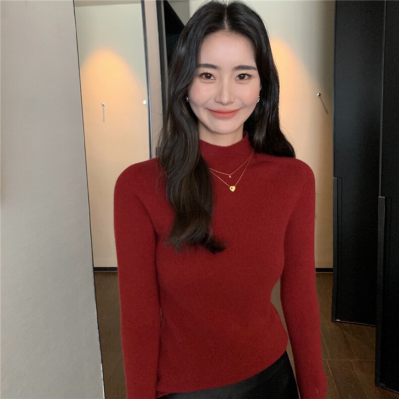 2025秋冬百搭时尚简约半高领打底修身显瘦舒适保暖打底衫,女装羊绒衫,玛卡隆羊绒