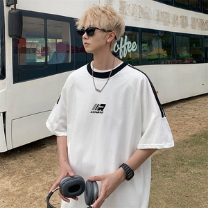 夏季美式高街重磅纯棉三条杠织带撞色男女短袖T恤ZD640-特P30图片